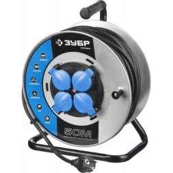 Удлинитель ЗУБР "ПРОФИ" на металл катушке, КГ 3х1,5кв мм, морозостойкий, 4 гнезда, IP44, макс мощность 3500Вт, 50м 55085-50