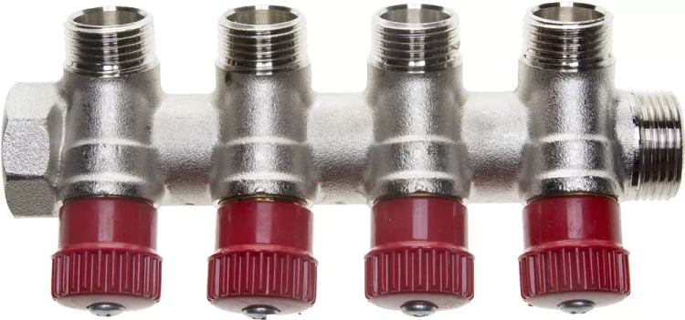Коллектор GENERAL FITTINGS для горячей воды, вентили, никелированная латунь, вход 3/4" - 4 выхода 1/2" 51046-3/4-1/2-HT4 купить в Нягани