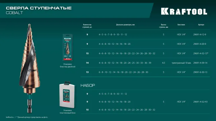 Ступенчатые сверла, сталь c кобальтом, спиральная проточка, 3Т хвостовик 29691-4-39-14 купить в Нягани