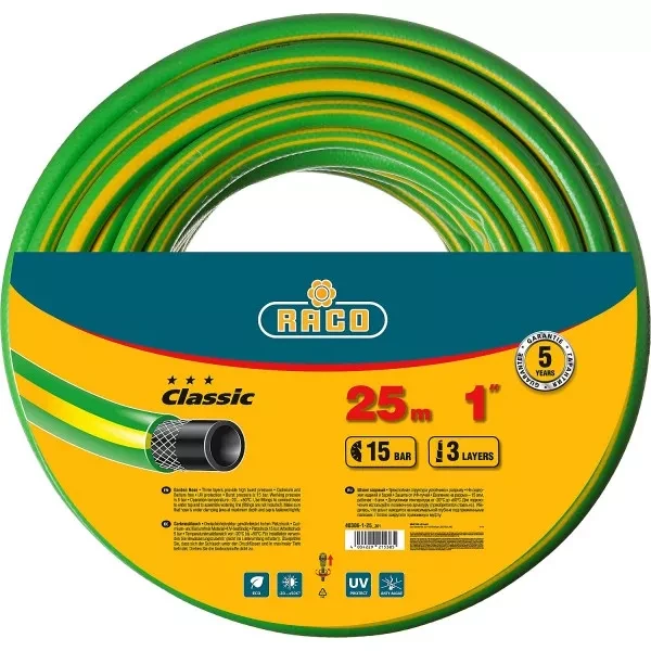 Шланг RACO "CLASSIC" поливочный, 15атм., армированный, 3-х слойный, 1"х25м 40306-1-25 купить в Нягани