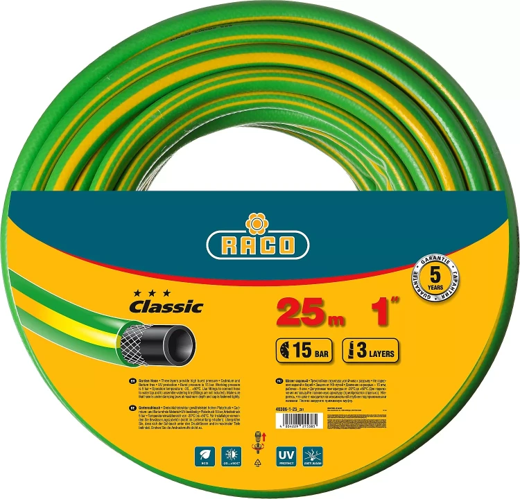 Шланг RACO "CLASSIC" поливочный, 15атм., армированный, 3-х слойный, 1"х25м 40306-1-25 купить в Нягани