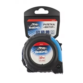 Рулетка Вектор 10 м х 25 мм, утолщенное полотно, магнитный зацеп, обрезиненный корпус  БАРС 32544 купить в Нягани