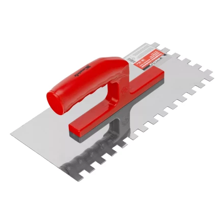 Гладилка из нержавеющей стали, 280 х 130 мм, зеркальная полировка, пластмассовая ручка, зуб 10 х 10 мм Matrix 86783 купить в Нягани