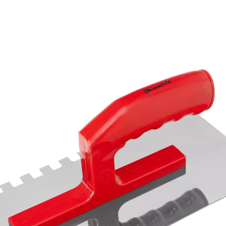 Гладилка из нержавеющей стали, 280 х 130 мм, зеркальная полировка, пластмассовая ручка, зуб 10 х 10 мм Matrix 86783 купить в Нягани