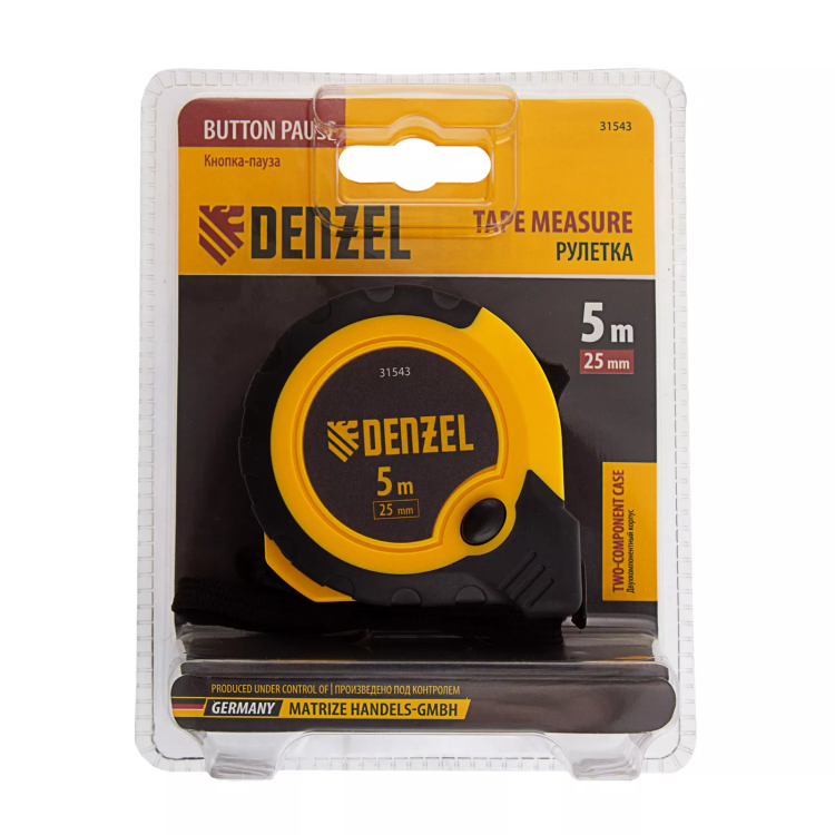 Рулетка Denzel 5м х 25мм, двухкомп. корпус, кнопка-пауза, 31543 купить в Нягани