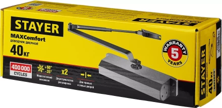 Доводчик дверной STAYER, для дверей массой до 40 кг, цвет серебро 37915-50 купить в Нягани