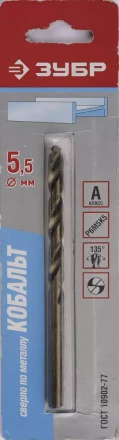 Сверло ЗУБР &quot;КОБАЛЬТ&quot; по металлу, цилиндрический хвостовик, быстрорежущая сталь Р6М5К5, класс точности А1, 5,5х93мм, 1шт 4-29626-093-5.5 купить в Нягани
