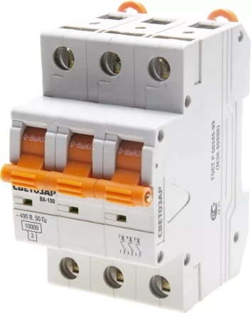 Выключатель автоматический СВЕТОЗАР 3-полюсный, 10 A, &quot;C&quot;, откл. сп. 10 кА, 400 В SV-49073-10-C купить в Нягани