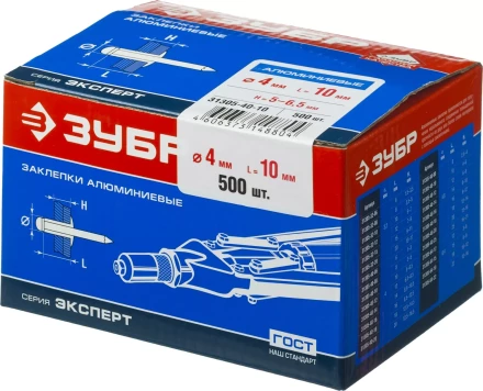 Заклепки ЗУБР алюминиевые, 4,0x10мм, 500шт 31305-40-10 купить в Нягани