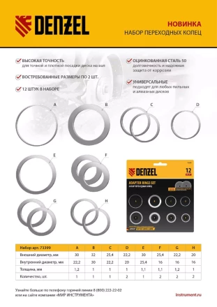 Кольца переходные 32х30, 30х25,4, 25,4х22.2, 22.2х20, 20х16, 30х22.2, 25.4х16, 22.2х16 мм. Denzel 73399 купить в Нягани