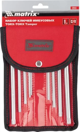 Набор ключей шестигранных имбусовых TORX-TORX Tamper, 9 шт:T10-T50, CrV,  удлиненные, сатин., чехол  MATRIX 12313 купить в Нягани