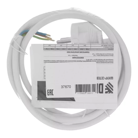 Шнур сетевой Denzel Energy Series, ПВС, 1,5 м, 3 x 1,5 мм, с неразборной вилкой, белый, 3 м, 37670 купить в Нягани