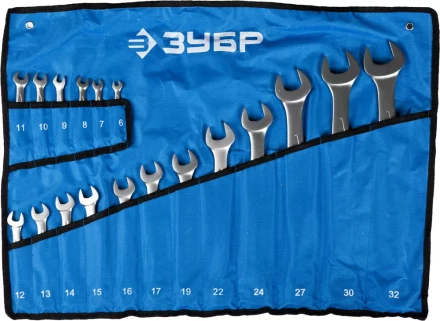 Набор ЗУБР &quot;ПРОФИ&quot;: Ключ гаечный комбинированный, Cr-V сталь, хромированный, 6-32мм, 18шт 27022-H18 купить в Нягани