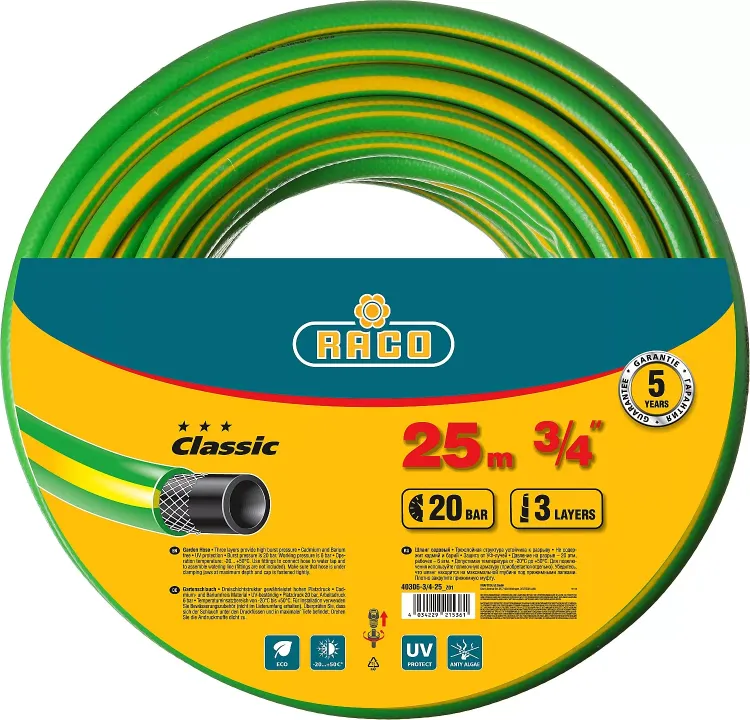 Шланг RACO CLASSIC поливочный, 20атм., армированный, 3-х слойный, 3/4"х25м 40306-3/4-25_z01 купить в Нягани