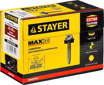 Саморезы СКД кровельные, RAL 3005 темно-красный, 29 x 4.8 мм, 400 шт, для деревянной обрешетки, STAYER 30305-48-029-3005 купить в Нягани