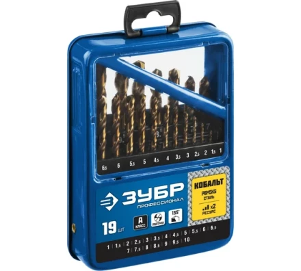 ЗУБР Кобальт, 19 шт, (1-10 мм), сталь Р6М5К5, класс А, мет.бокс, набор сверл по металлу, Профессионал (29626-H19) купить в Нягани