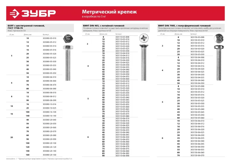 Винт ЗУБР "МАСТЕР" DIN 7985, класс прочности 4.8, оцинкованный, M3x12мм, 5кг 303150-03-012 купить в Нягани