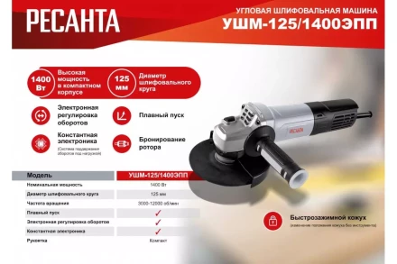 Углошлифовальная машина Ресанта УШМ-125/1400 ЭПП 75/12/14 купить в Нягани