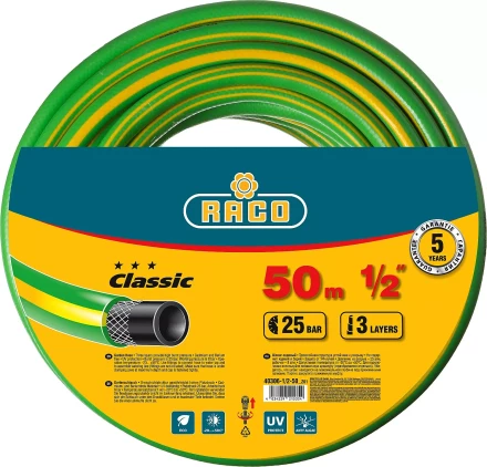 Шланг RACO CLASSIC поливочный, 25атм., армированный, 3-х слойный, 1/2&quot;х50м 40306-1/2-50_z01 купить в Нягани