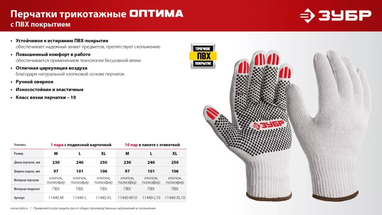 ЗУБР ОПТИМА, М (8), х/б перчатки с ПВХ покрытием (точка), 10 класс, 10 пар (11440-М10) купить в Нягани