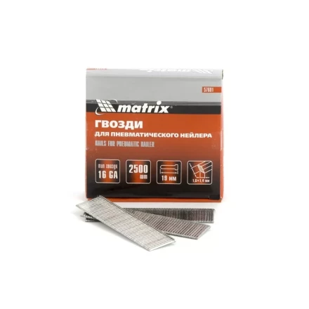 Гвозди 16GA для пневм. нейлера сечение 1,6х1,4 длина 19 мм 2500 шт MATRIX 57601 купить в Нягани