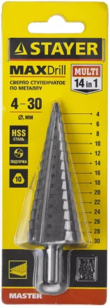 Сверло STAYER &quot;MASTER&quot; ступенчатое по сталям и цвет.мет., сталь HSS, d=4-30мм, 14ступ.d4-30, L-100мм, трехгран. хв.10мм 29660-4-30-14 купить в Нягани