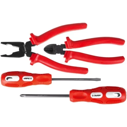 Набор слесарно-монтажного инструмента ЗУБР &quot;МАСТЕР&quot;: 2 отвертки, плоскогубцы и бокорезы, 4 предмета 22015-H4 купить в Нягани