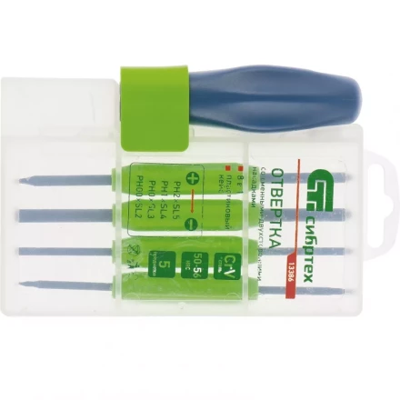 Отвертка со сменными двухсторонними насадками 8 в 1 в пластиковом кейсе CrV Сибртех артикул 13386 купить в Нягани