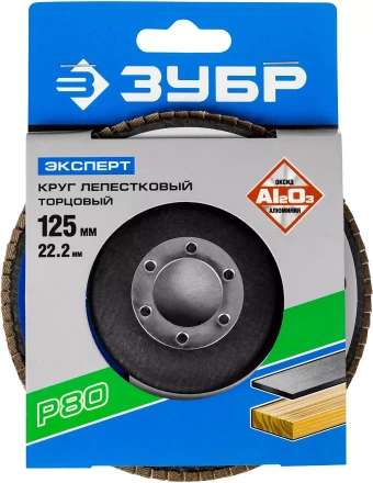 Круг шлифовальный ЗУБР &quot;ЭКСПЕРТ&quot; лепестковый торцевой, тип КЛТ 1, зерно-электрокорунд нормальный, P80, 125х22,2мм 36591-125-80 купить в Нягани