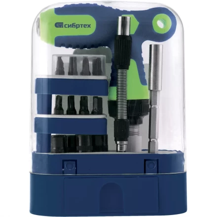 Отвертка Т-образная реверсивная с набором бит торцевых головок 33 предмета CrV Сибртех артикул 13382 купить в Нягани