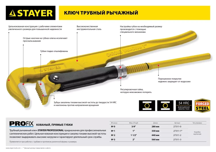 Ключ трубный STAYER "PROFI" рычажный, кованый, прямые губки, № 0, 3/4" 27311-0 купить в Нягани