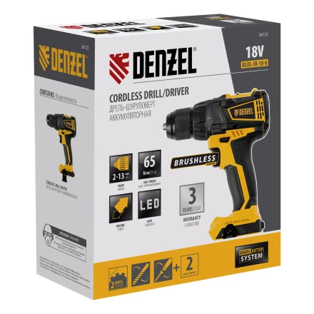 Дрель-шуруповерт аккумуляторная, бесщет. Denzel BLDL-IB-18-0, Li-Ion, 18 В 26122 купить в Нягани