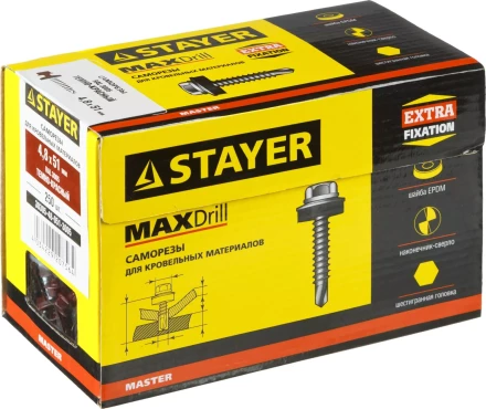 Саморезы СКД кровельные, RAL 3005 темно-красный, 51 х 4.8 мм, 250 шт, для деревянной обрешетки, STAYER 30305-48-051-3005 купить в Нягани