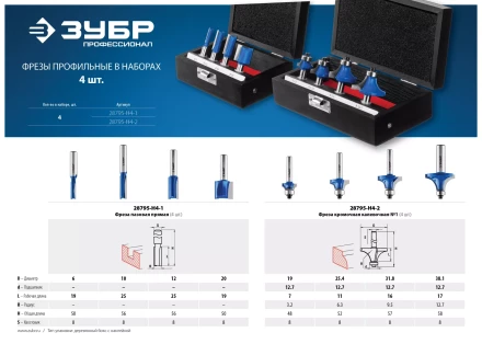 ЗУБР 4 шт, набор профильных фрез по дереву, Профессионал (28795-H4-2) купить в Нягани