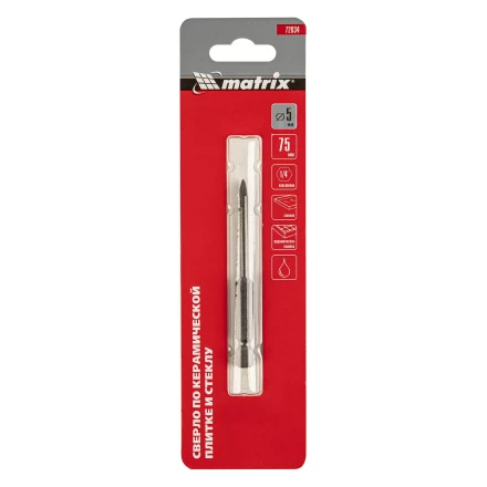 Сверло по керамической плитке и стеклу, 5 мм, шестигранный хвостовик Matrix 72834 купить в Нягани
