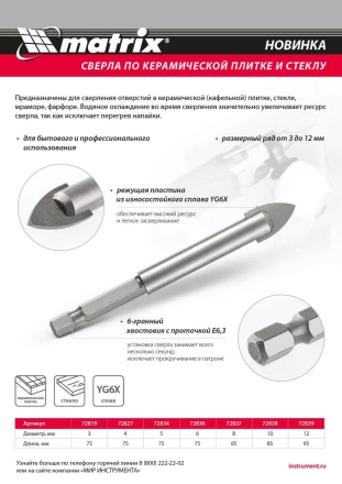 Сверло по керамической плитке и стеклу, 5 мм, шестигранный хвостовик Matrix 72834 купить в Нягани