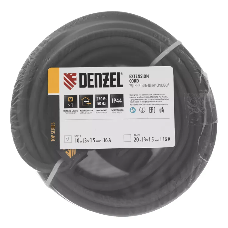 Удлинитель-шнур силовой Denzel Top Series, КГТТ, 10м, 1 розетка, 3 x 1,5 мм, 3 м 37419 купить в Нягани