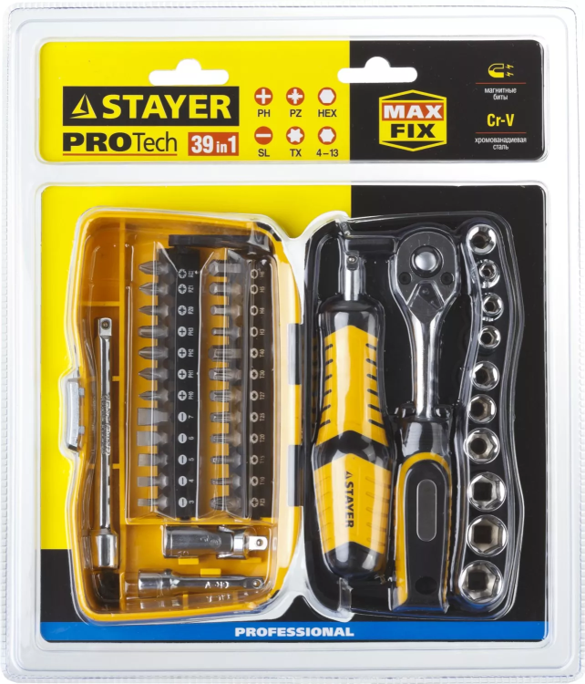 Набор STAYER "PROFESSIONAL": Биты и торцовые головки с трещеткой и воротком, 39 предметов 25135-H39 купить в Нягани