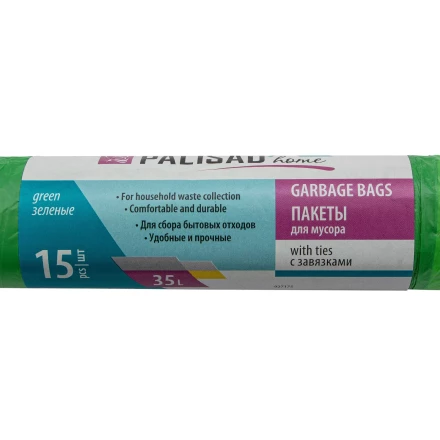 Пакеты для мусора с завязками 35 л x 15 шт., зеленые, Home Palisad 927175 купить в Нягани