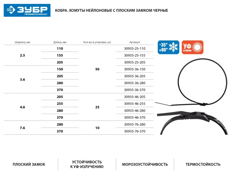 Кабельные стяжки черные КОБРА, с плоским замком, 4.6 х 280 мм, 25 шт, нейлоновые, ЗУБР 30935-46-280 купить в Нягани