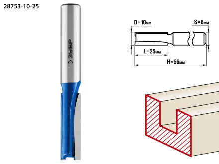 ЗУБР 10 x 25 мм, хвостовик 8 мм, фреза пазовая прямая, Профессионал (28753-10-25) купить в Нягани