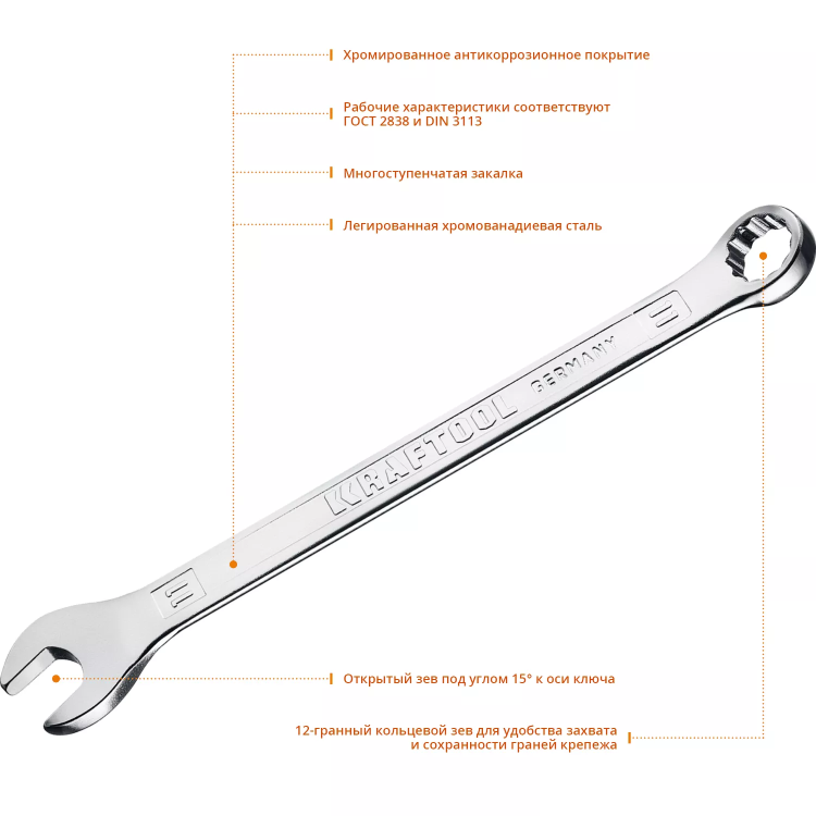Ключи комбинированные KRAFTOOL, Cr-V, DIN 3113 27079-11 купить в Нягани