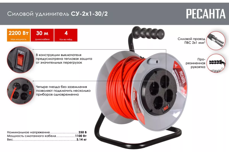 Удлинитель силовой на катушке Ресанта СУ-2х1-30/2 (с выкл., 4 розетки) 61/118/4 купить в Нягани