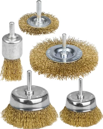 STAYER &quot;PROFESSIONAL&quot;. Набор щеток-крацовок для дрели, витая стальная латунированная проволока 0,3мм, диск. 50,75мм, чаш. 50,75мм, кист. 25мм, 5шт 35157-H5_z01 купить в Нягани