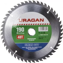 Диск пильный "Clean cut" по дереву, 190х20мм, 48Т, URAGAN 36802-190-20-48