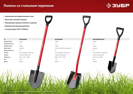 ЗУБР МАСТЕР, 270 х 210 х 1200 мм, полотно 1.5 мм, закалено, стальной прямой черенок с рукояткой, тип ЛКО, штыковая лопата (39522) купить в Нягани