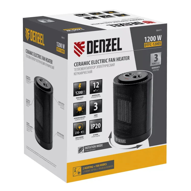 Тепловентилятор керамический Denzel DTFC-1200S, вращение, 3 реж., вент., нагрев 600/1200 Вт 96411 купить в Нягани