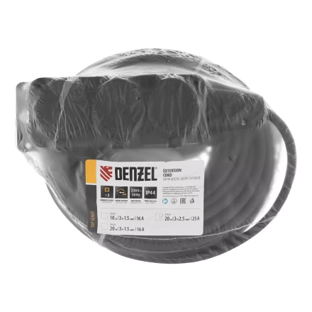 Удлинитель-шнур силовой Denzel Top Series , КГТТ, 20м, 3 розетки, 3 x 2,5 мм, 3 м 37423 купить в Нягани