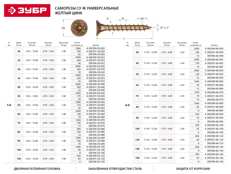 Шурупы ЗУБР "МАСТЕР" по дереву желтопассивированные, 3.0x40мм, 50шт 300396-30-040 купить в Нягани