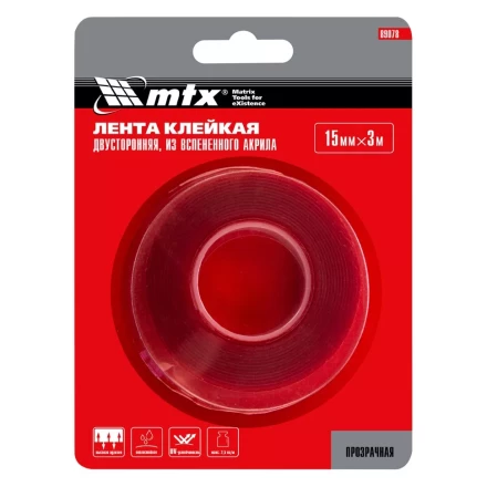 Двусторонняя клейкая лента из вспененного акрила, прозрачная, 15 мм x 3 м Matrix 89078 купить в Нягани